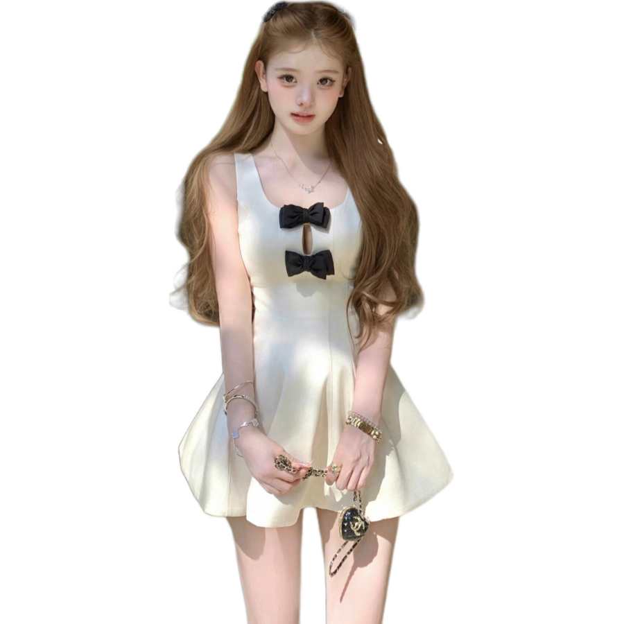 JBBCN Slip Dresses Women's Black Bowknot Skirt Square Collar Thin Extra Short