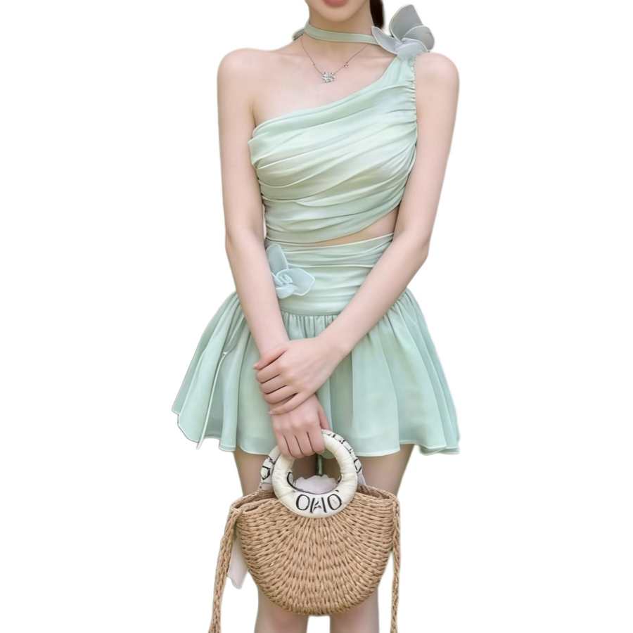 JBBCN Sleeveless Dresses Women's Mint Green Short Skirt Asymmetrical Collar Thin Extra Short