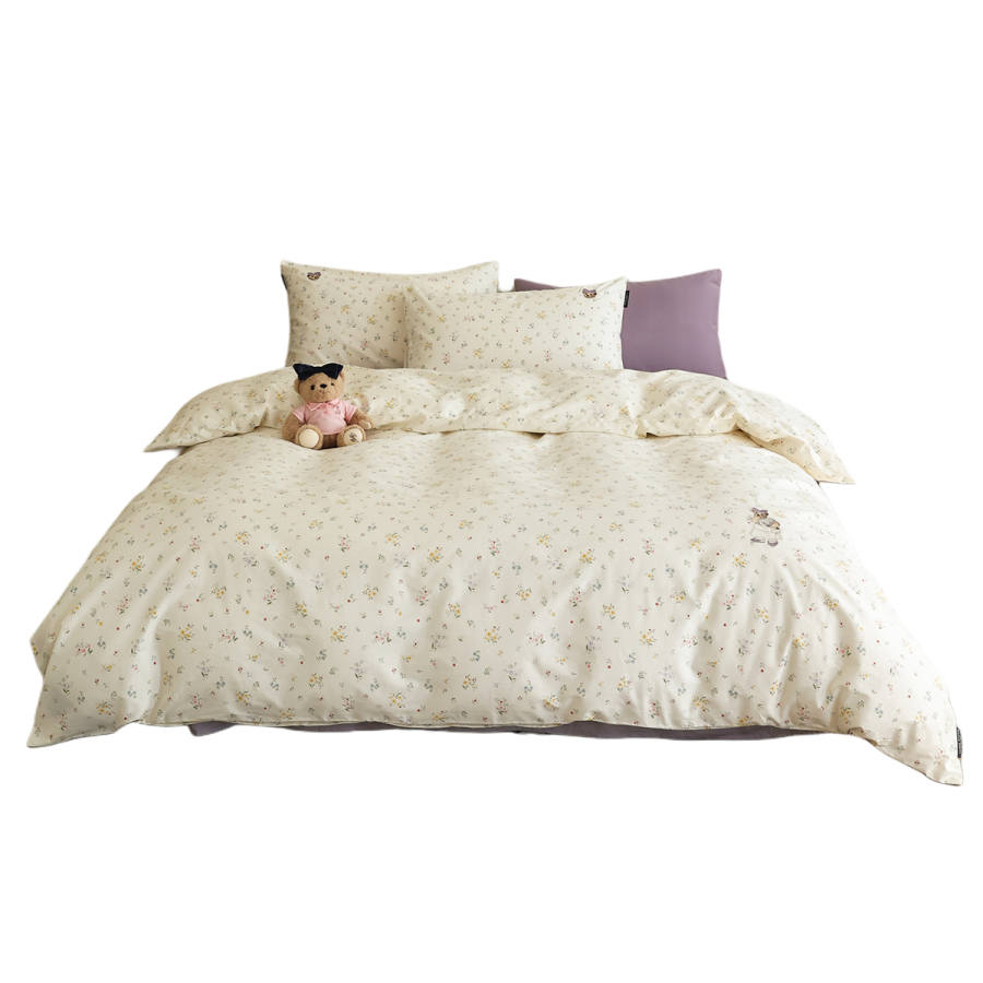 Teenie Weenie Bear Refreshing Pastoral Small Floral 100% Cotton Bed Sheets Duvet Cover All Season