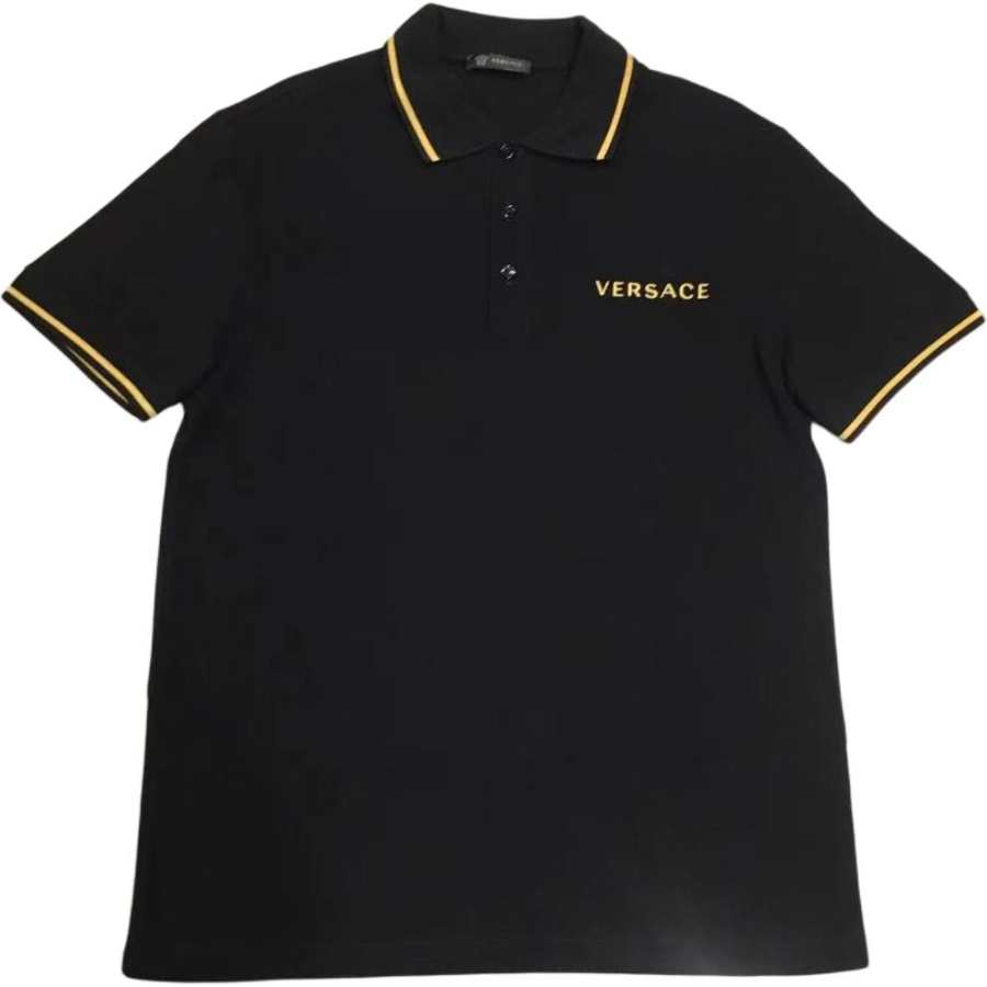 VERSACE Polo Shirts Men's Black Polo Collar Moderate Straight Fit