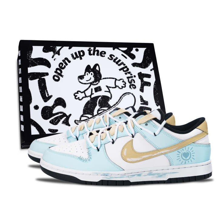 Nike Nike Dunk Black White, Cloud Light Blue Leather Abrasion Resistant Slip Resistant Low top Skateboard Shoes Unisex