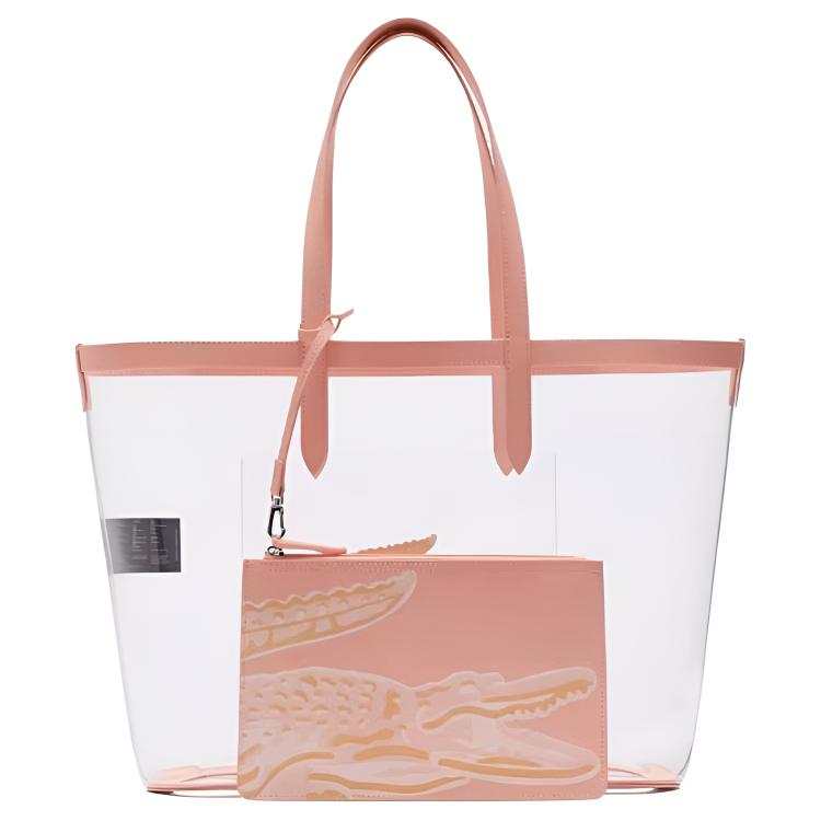 LACOSTE PVC Tote Bag, Shopping Bag Shoulder Bag Large Women's Transparent & Pink