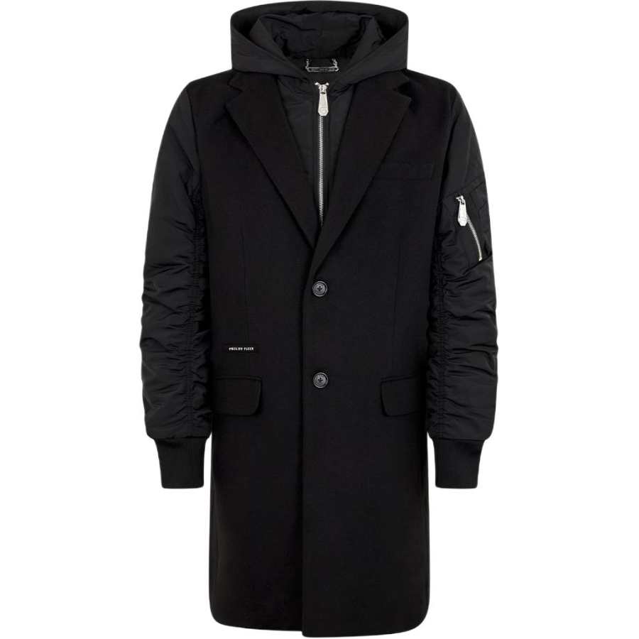 PHILIPP PLEIN Coats Men's Black Hooded Non Detachable Moderate Straight Fit