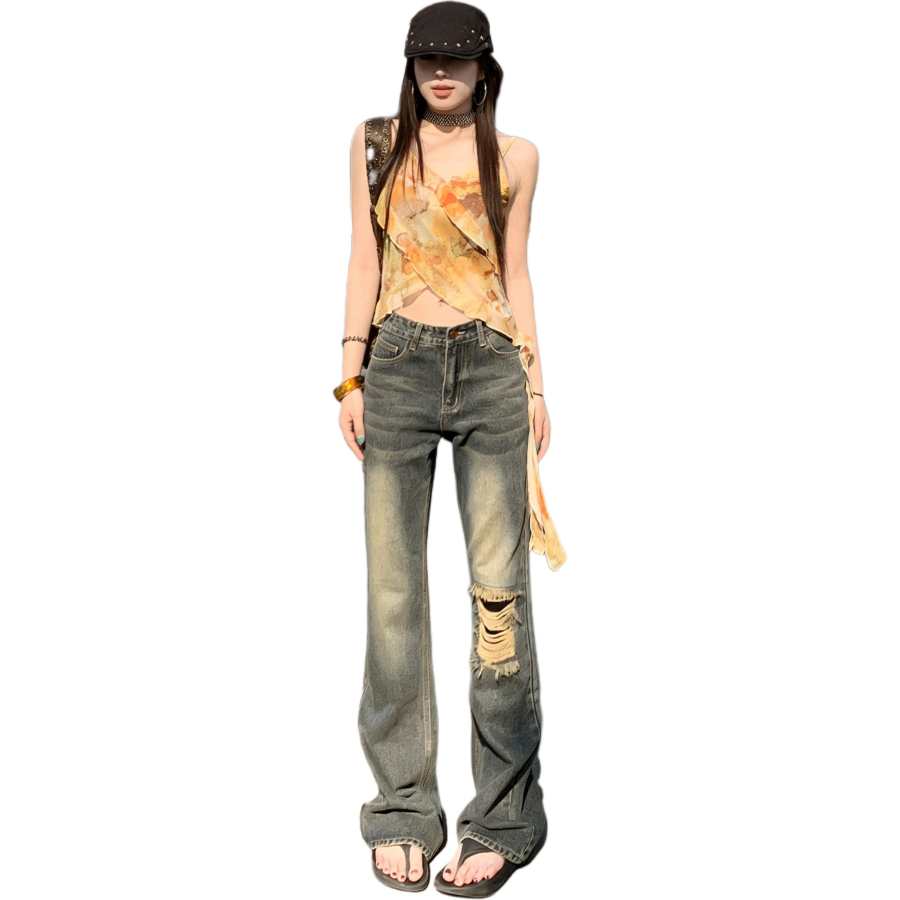 Cotton Gene Jeans Women's Gray Blue Regular Edition Thin Straight Fit Pants