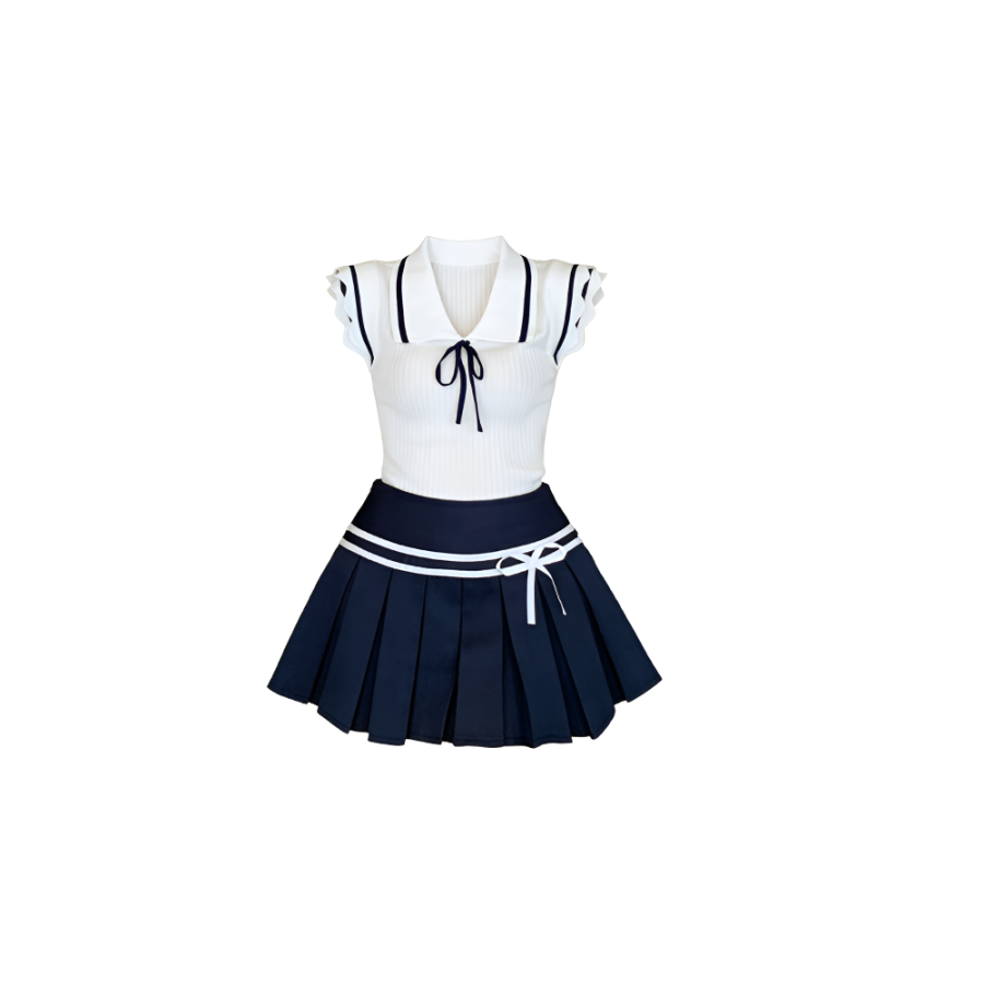 CPAURA Two Piece Skirt Sets Women's Navy Collar Moderate Short