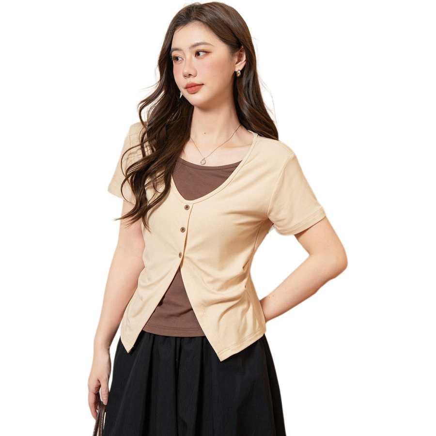 BALENO T Shirts Women's Apricot V Neck Moderate