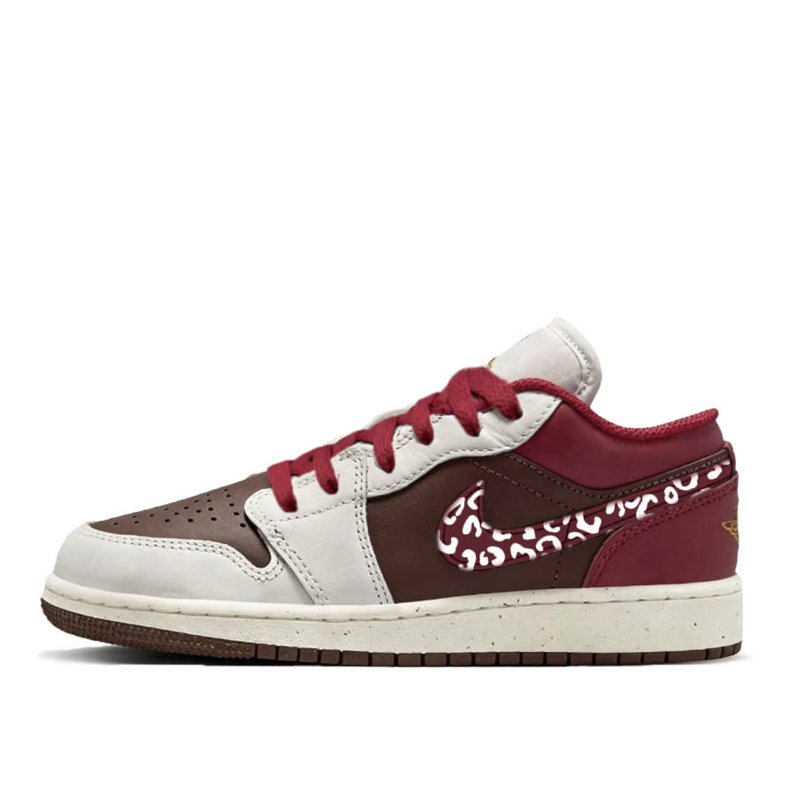 Jordan Jordan Air Jordan 1 Red Velvet Leopard Print Leather Abrasion Resistant Low top Children's Basketball Shoes Red Brown