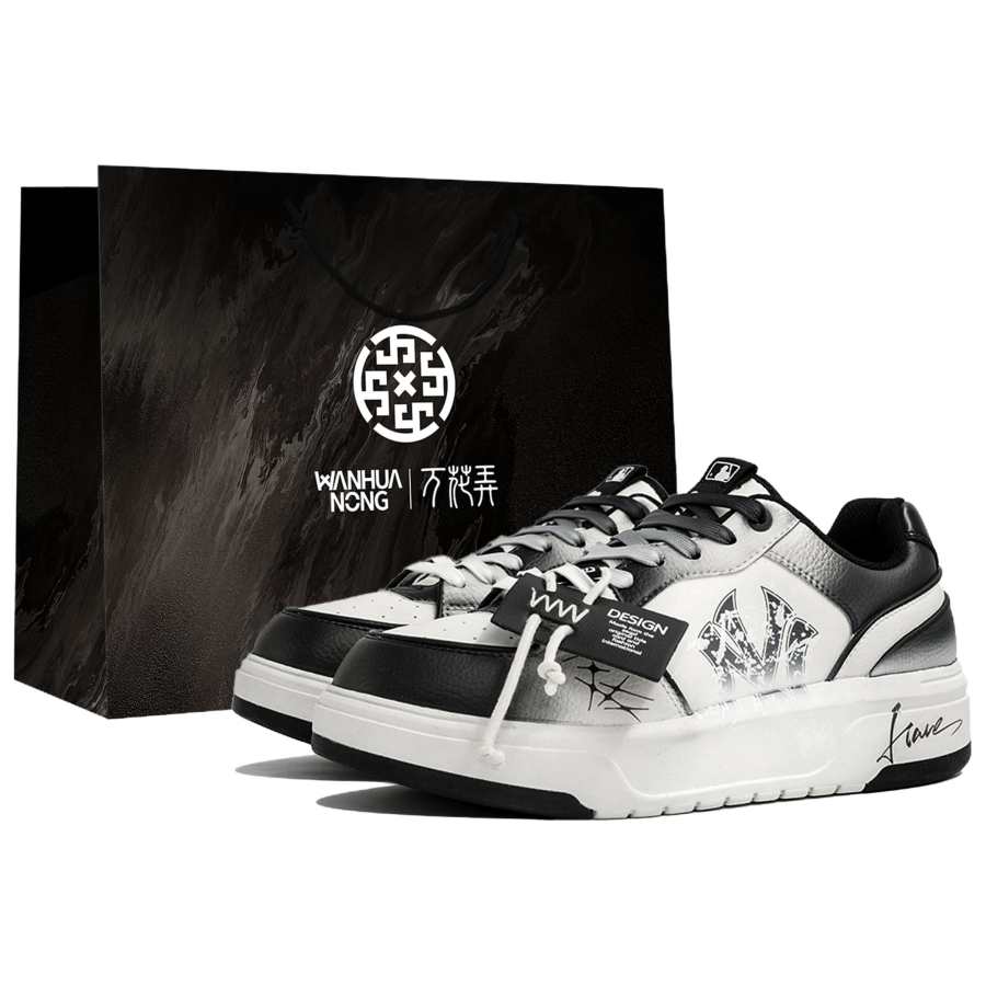 MLB Chunky Liner Wan Hua Nong, Ink Dyed, Shopping Bag Abrasion Resistant Low top Skateboard Shoes Unisex Black White