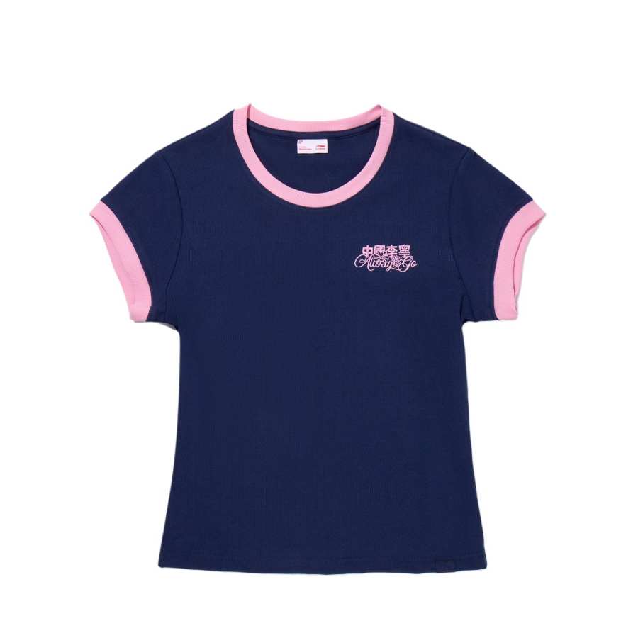 Li-Ning Li Ning T Shirts Women's Dark Ship Blue Crew Neck Moderate Straight Fit