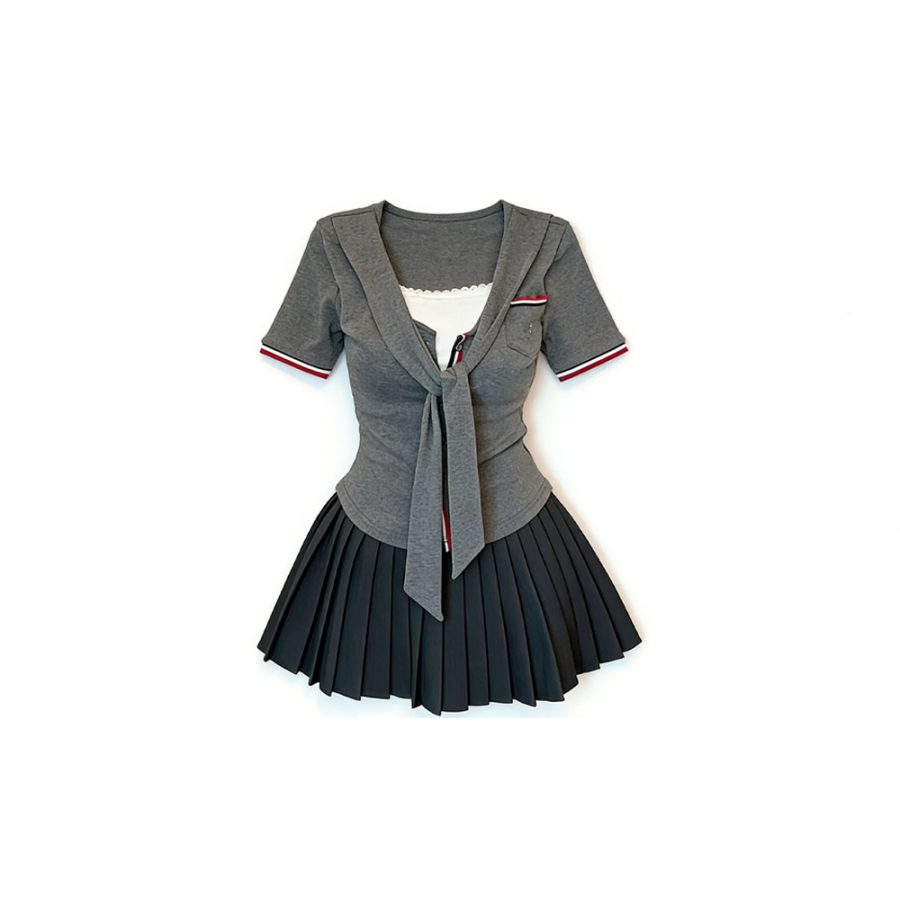 CPAURA Two Piece Skirt Sets Women's Navy Collar Moderate Short