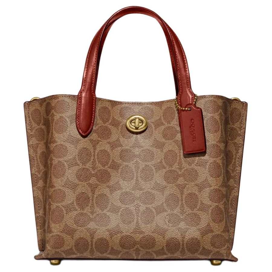 COACH Willow Leather Tote Bag, Shopping Bag, Shoulder Bag, Crossbody Bag, Handbag Medium Women's Brown Red