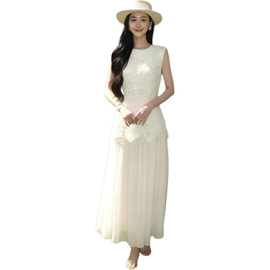 JBBCN Sleeveless Dresses Women's Ecru Dress Crew Neck Moderate Long