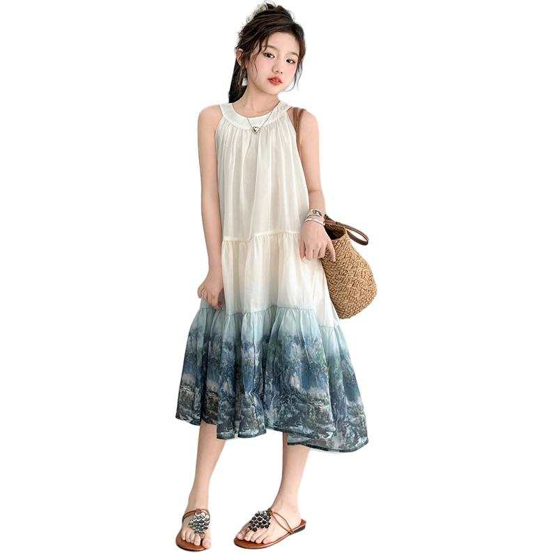 PLANDOO Kids Dresses Collarless Thin Mid Length