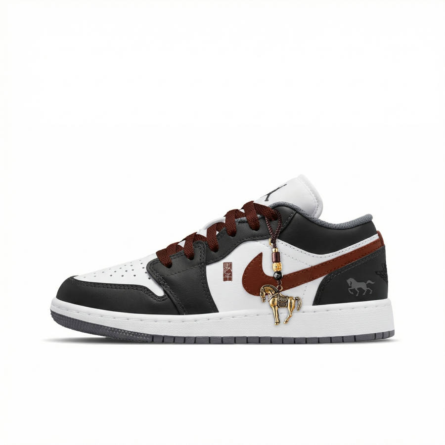 Jordan Jordan Air Jordan 1 Golden Horse Steps Into Peace Abrasion Resistant Low top Children's Basketball Shoes Black Red