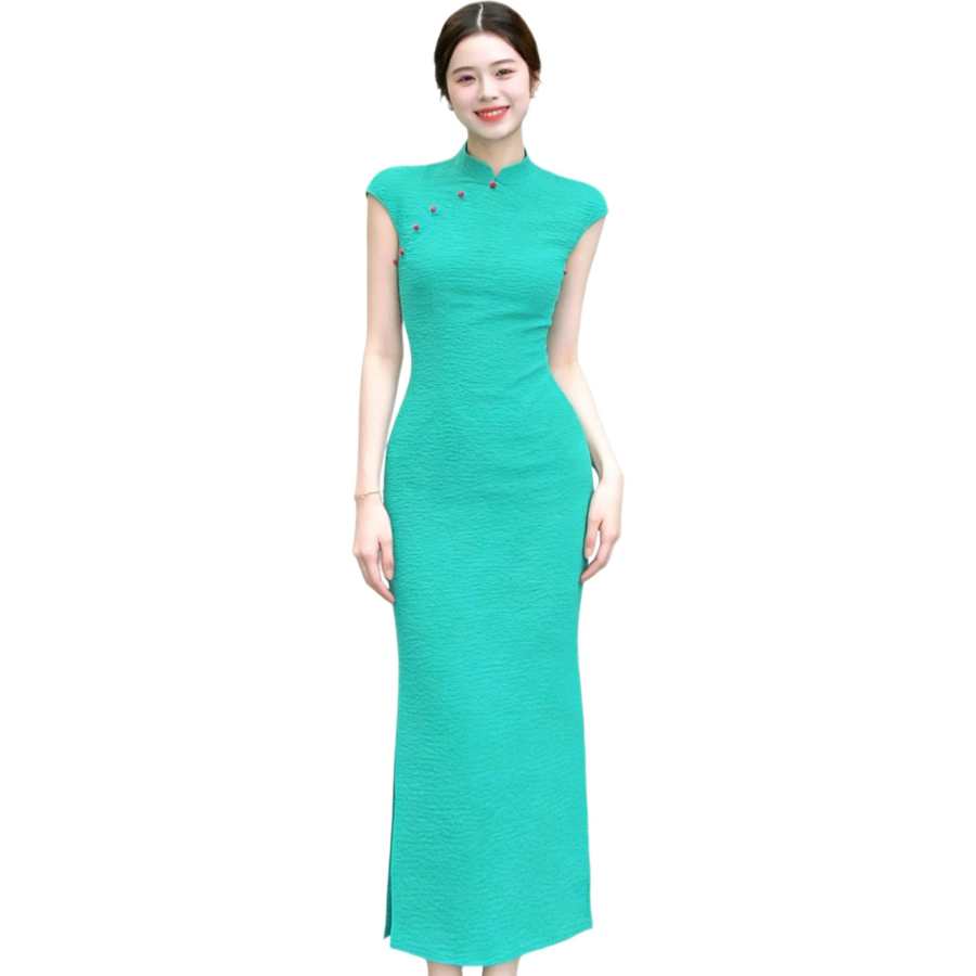 JBBCN Sleeveless Dresses Women's Turquoise Stand Collar Thin Long