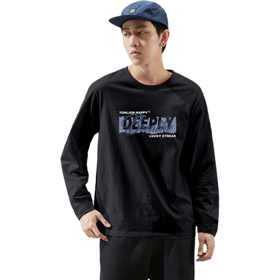 Tonlion T Shirts Men's Black Crew Neck Moderate Straight Fit