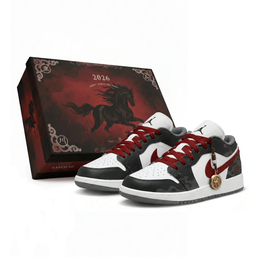 Jordan Jordan Air Jordan 1 Red Horse Shadow Slip Resistant Abrasion Resistant Low top Children's Basketball Shoes Black Red