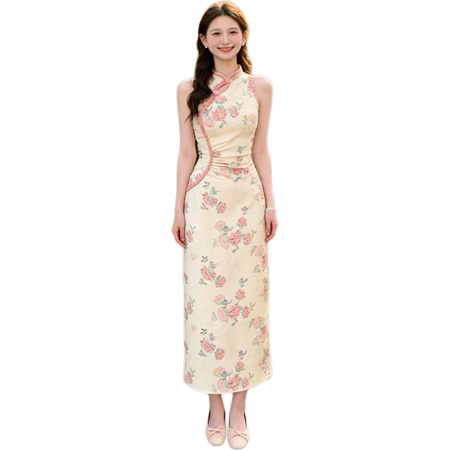 JBBCN Sleeveless Dresses Women's Ecru Stand Collar Thin Long
