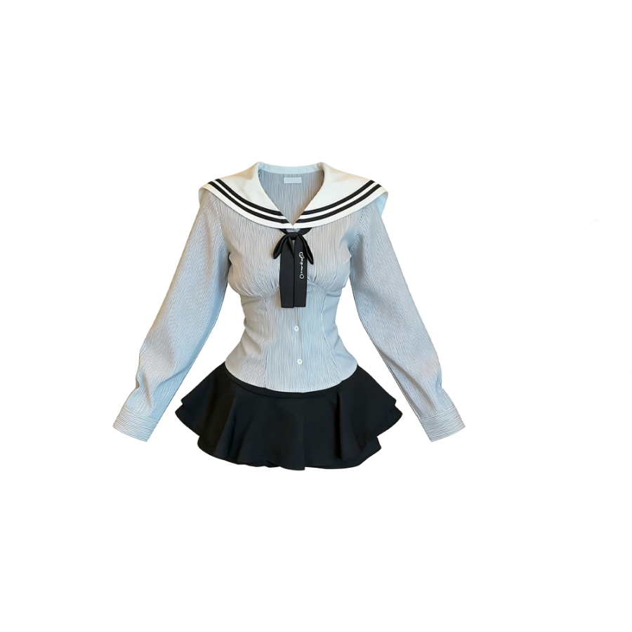 CPAURA Two Piece Skirt Sets Women's Navy Collar Moderate Short