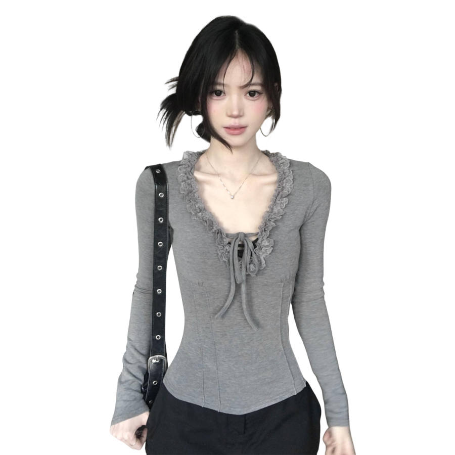 JBBCN T Shirts Women's Gray U Neck Moderate Nipped In Waist