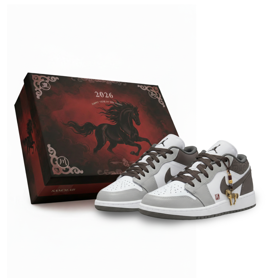 Jordan Jordan Air Jordan 1 Auspicious Horse Abrasion Resistant Low top Children's Basketball Shoes Gray Brown Unisex