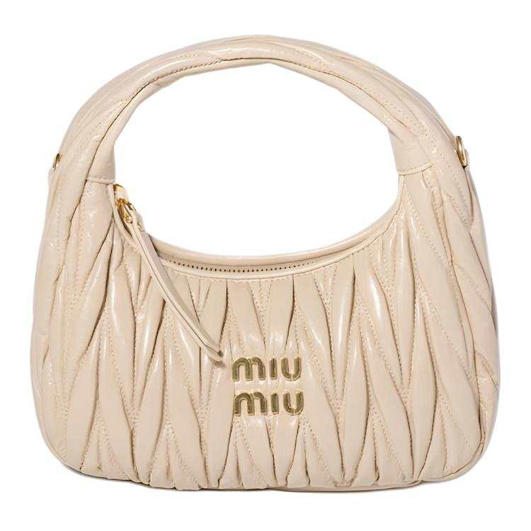 MIU MIU Wander Collection Matelassé Calfskin Handbag Women's Travertine Stone Color