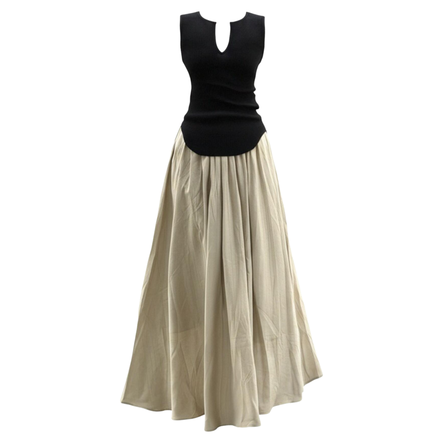 FINDSME GAGA Two Piece Skirt Sets Women's V Neck Thin Long