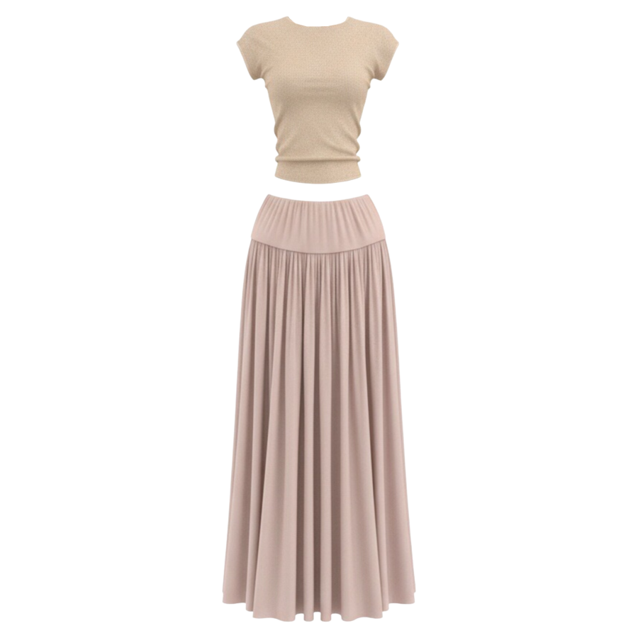 FINDSME GAGA Two Piece Skirt Sets Women's Crew Neck Thin Long
