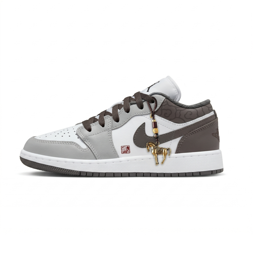 Jordan Jordan Air Jordan 1 Auspicious Horse Abrasion Resistant Low top Children's Basketball Shoes Gray Brown Unisex
