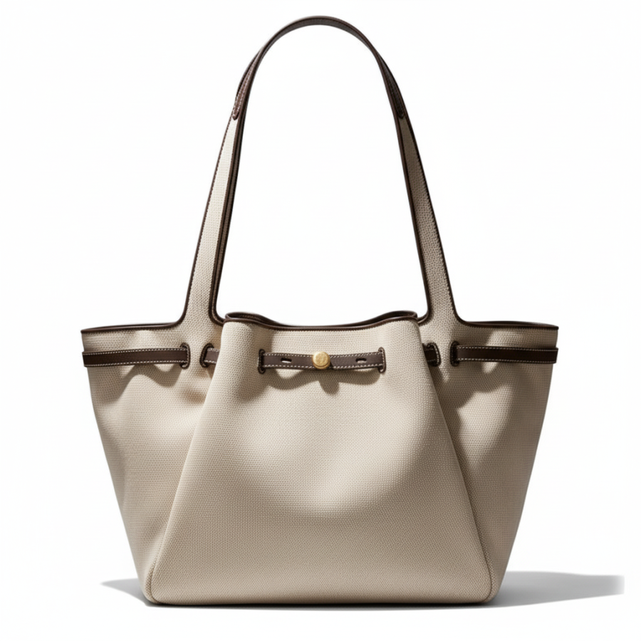 TORY BURCH Romy Cotton Canvas Tote Bag, Shoulder Bag Large Women's Gray Almond