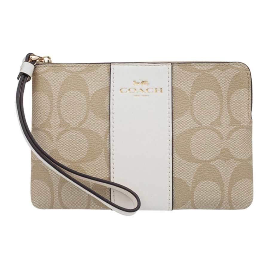 COACH Corner Zip Canvas With Leather Mahjong Wrist Bag Clutch Small Women's White & Khaki
