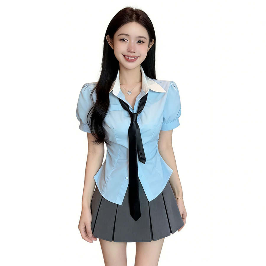 VENICEW Two Piece Skirt Sets Women's Lapel Moderate Short