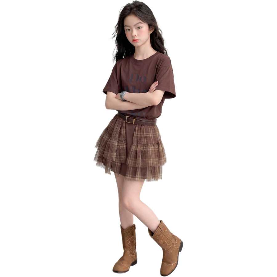 PLANDOO Kids Two Piece Skirt Sets Crew Neck Moderate Short