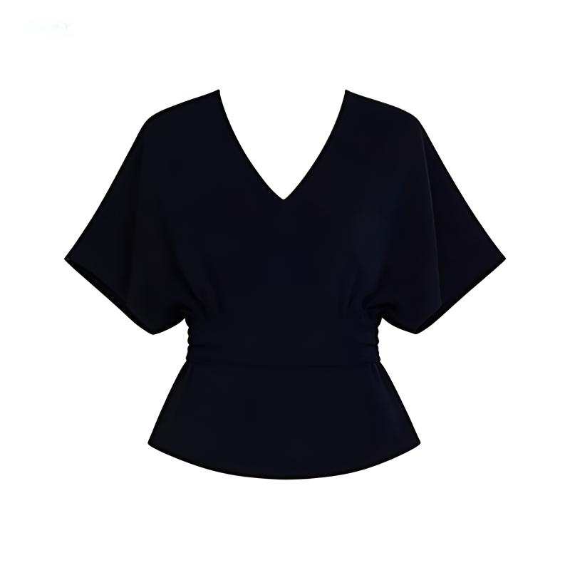 DUSHE T Shirts Women's Black V Neck Thin Nipped In Waist