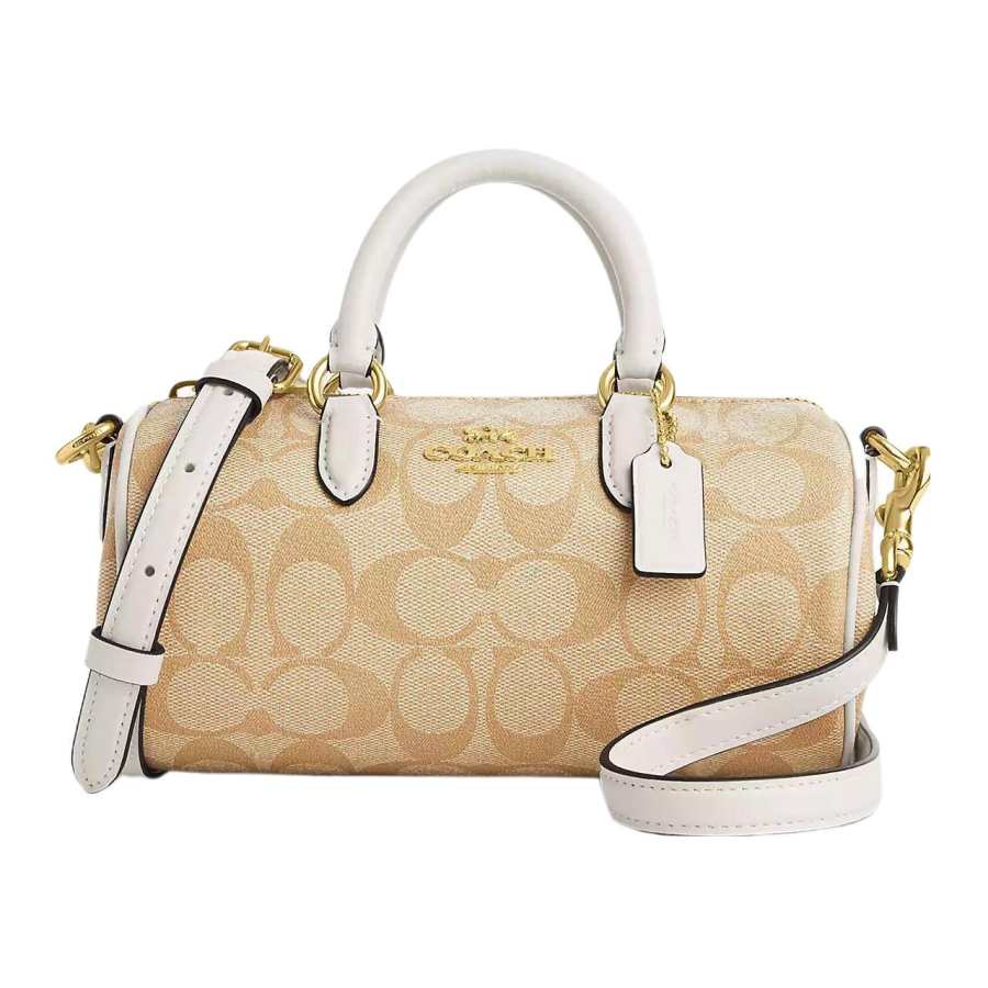 COACH Lacey Canvas With Leather Boston Bag, Handbag, Shoulder Bag, Crossbody Bag Small Women's Khaki