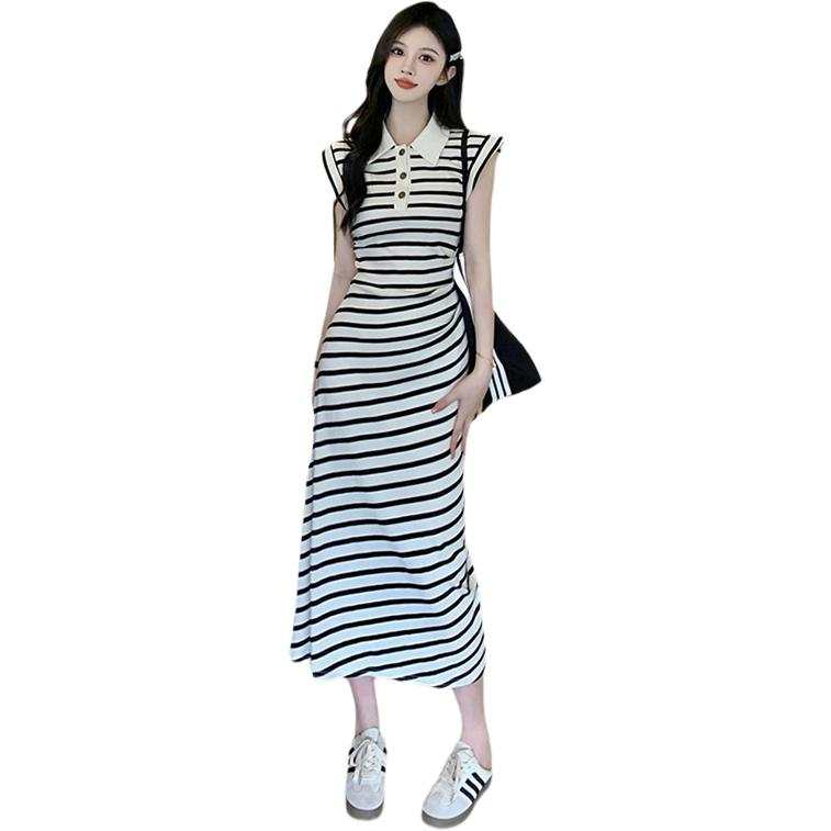 JBBCN Sleeveless Dresses Women's Black White Stripes Polo Collar Moderate Long