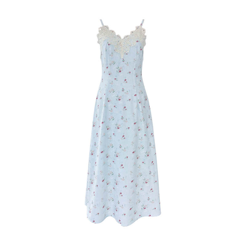 JBBCN Slip Dresses Women's Light Blue Floral V Neck Moderate Long