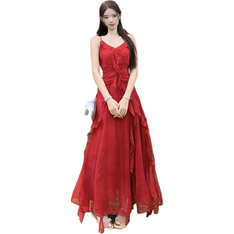 JBBCN Slip Dresses Women's Red Dress Cardigan Not Included V Neck Thin Long