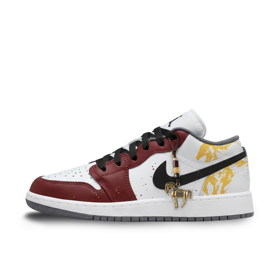 Jordan Jordan Air Jordan 1 Red Horse Steps On Gold Slip Resistant Abrasion Resistant Low top Children's Basketball Shoes