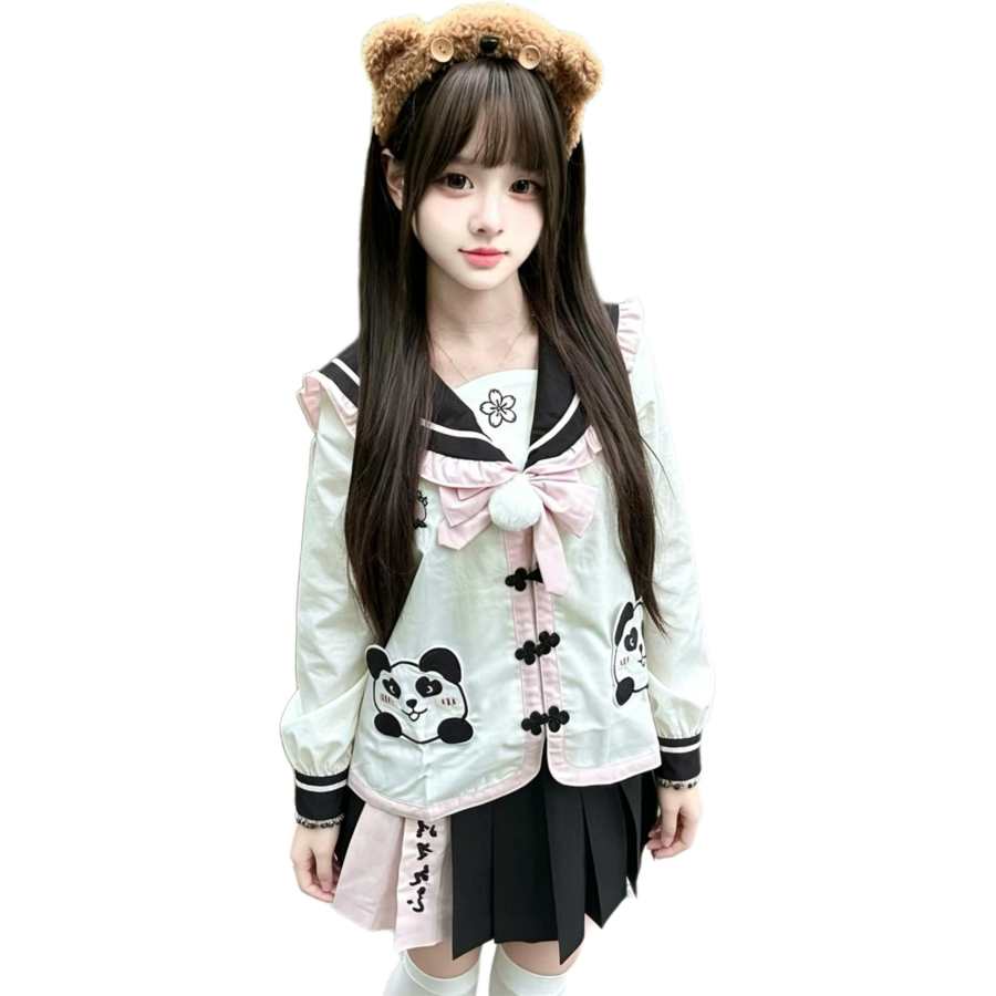 Cotton Gene Two Piece Skirt Sets Women's Navy Collar Thin Short
