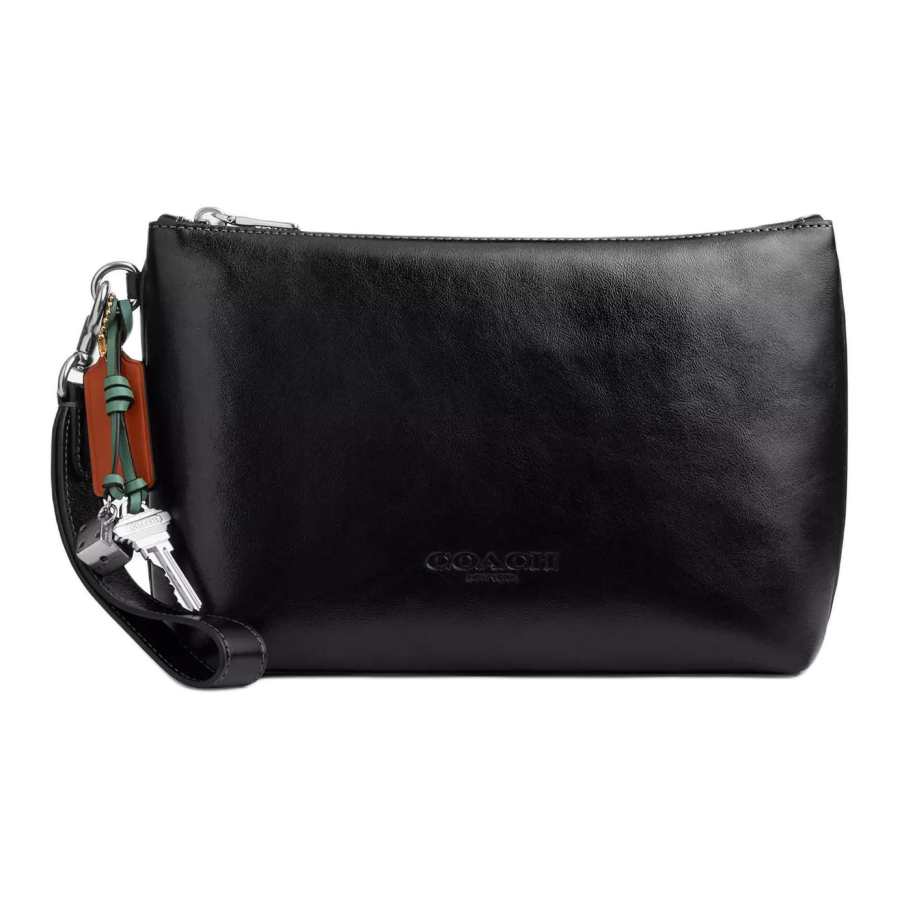 COACH Pouch Leather With Calfskin Clutch Medium Men's Black With Charm