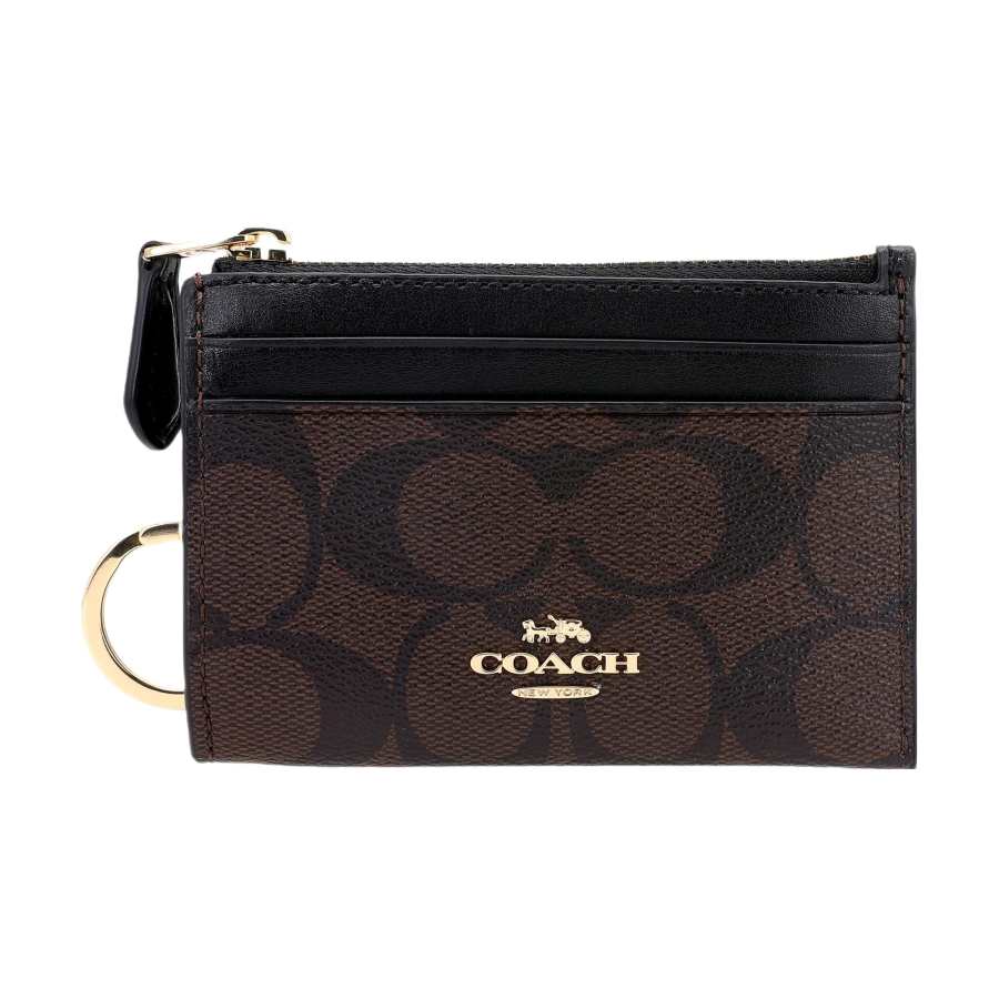 COACH Skinny Id Case Coated Canvas With Smooth Leather ID Holder, Key Pouch, Card Holder Mini Women's Dark Brown