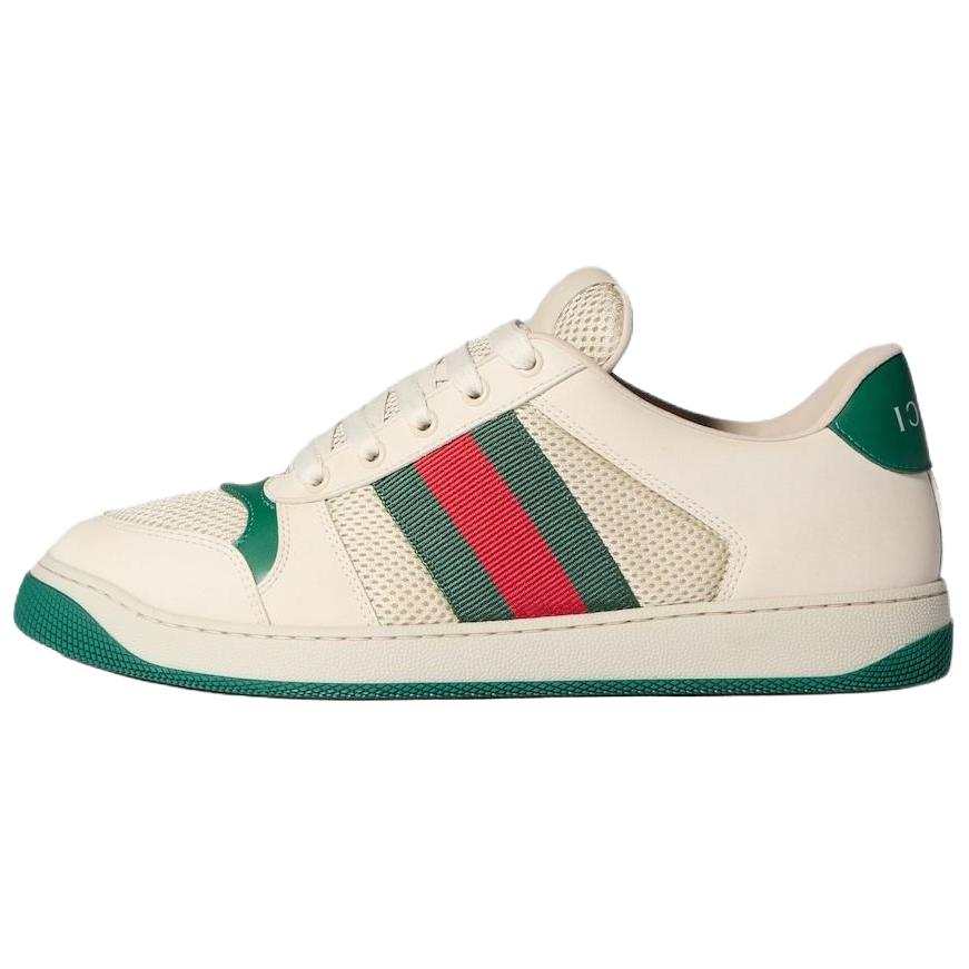 GUCCI Screener Leather Low top Skateboard Shoes Men's White & Dark Green