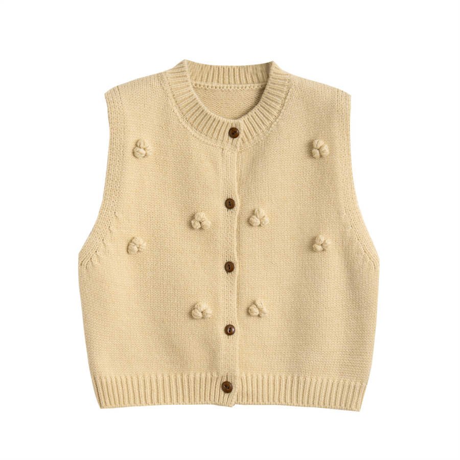 Tonlion Knitwear Women's Beige Apricot Crew Neck Moderate Cardigan