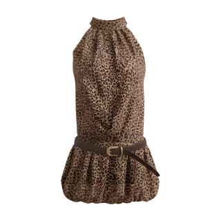 MTHE Sleeveless Dresses Women's Leopard Print With Belt Half Turtleneck Moderate Short