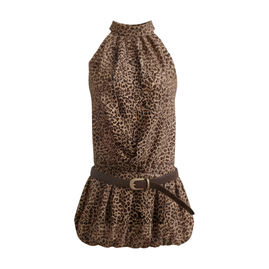 MTHE Sleeveless Dresses Women's Leopard Print With Belt Half Turtleneck Moderate Short