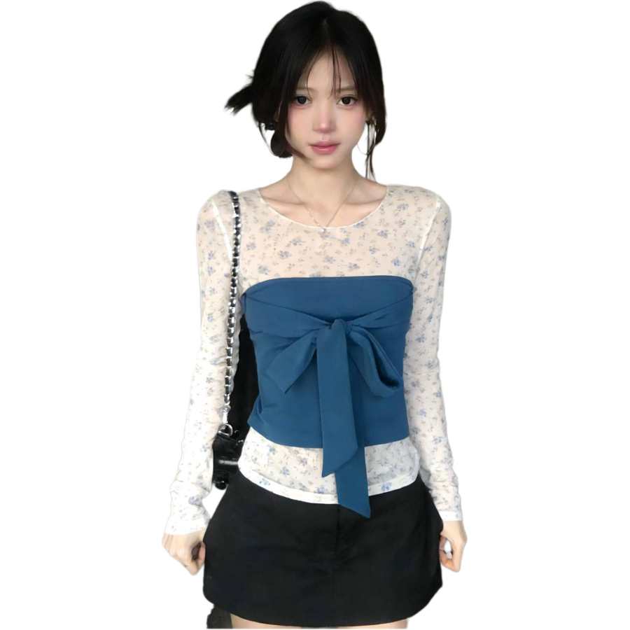 Cotton Gene T Shirts Women's Base Layer Bowknot Strapless Top Crew Neck Thin Two Piece Set