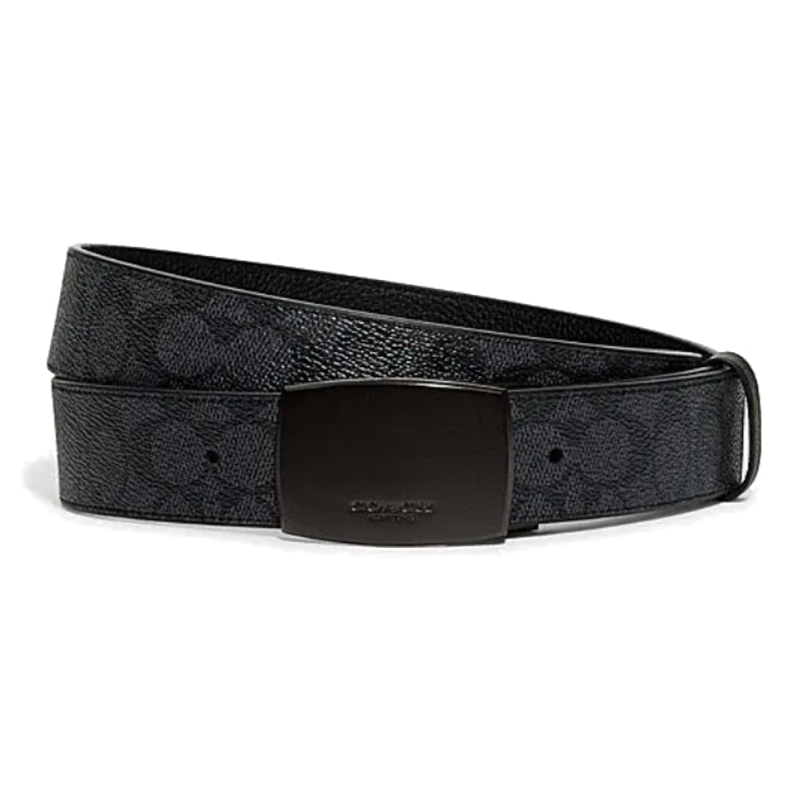COACH PU Artificial Leather, Cow Leather Belts Men's Black/Carbon Gray Width 3.8cm