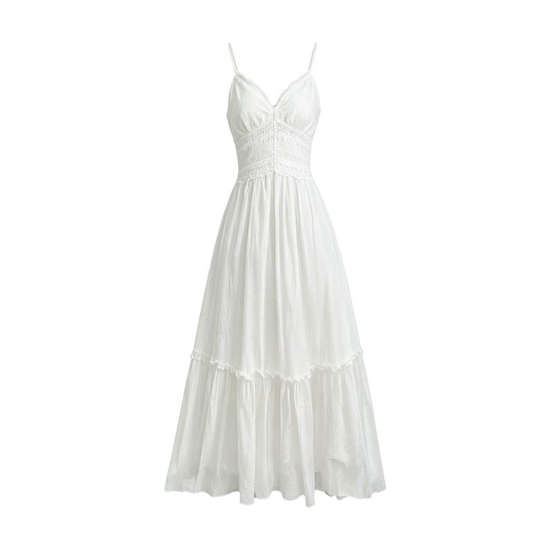TUSHIFEI Slip Dresses Women's White V Neck Moderate Long