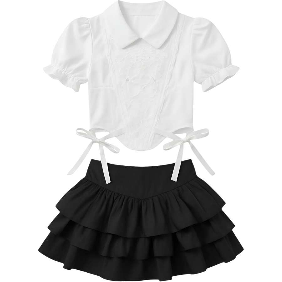 CHARM GLOW Two Piece Skirt Sets Women's Shirt Collar Moderate Extra Short